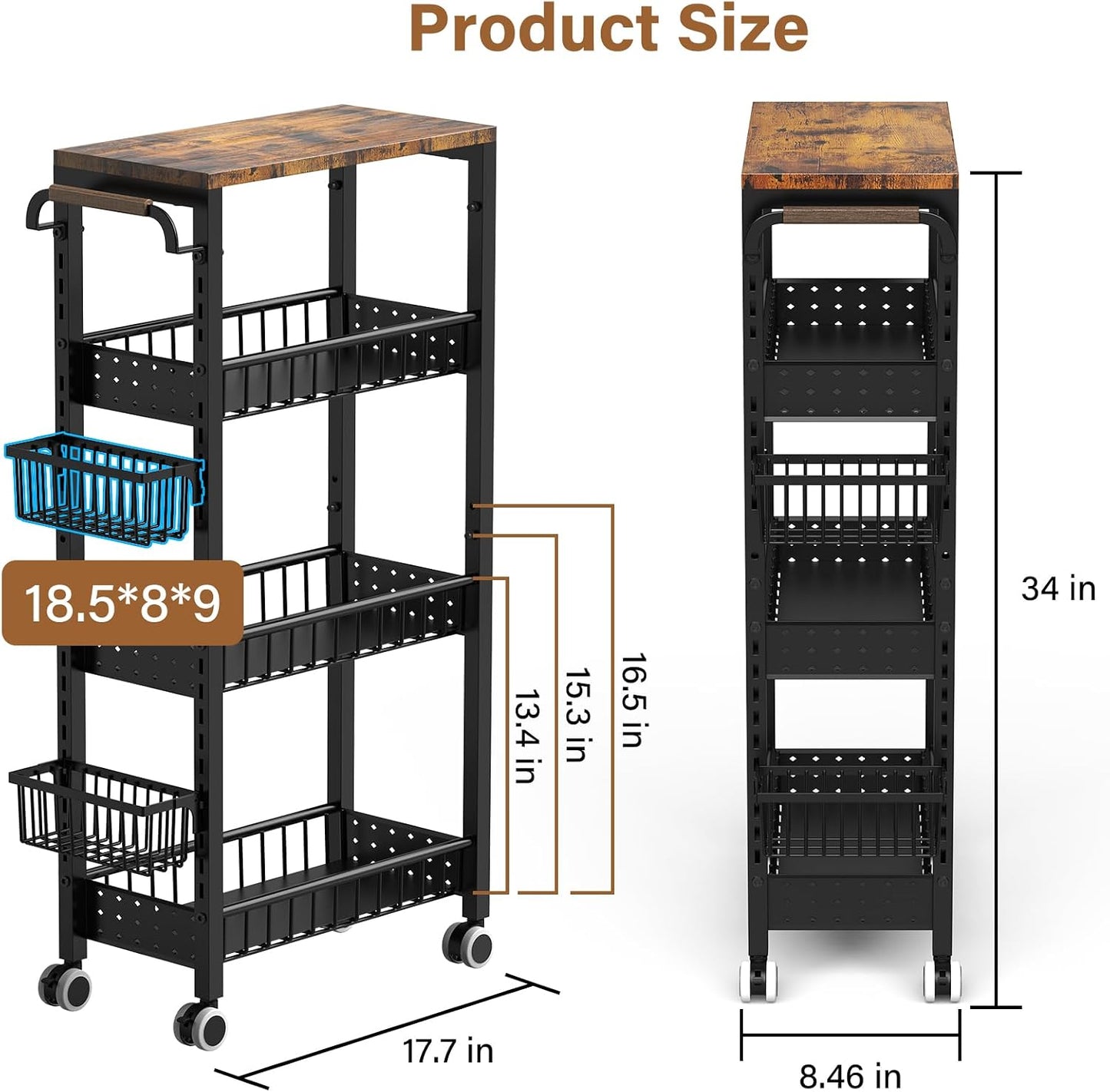 7.8 Inch Ultra-Slim 4-Tier Rolling Storage Cart with Adjustable Shelves - Lockable Wheels & Wooden Top for Narrow Spaces Between Washer/Dryer, Bathroom, Kitchen Organization (White)