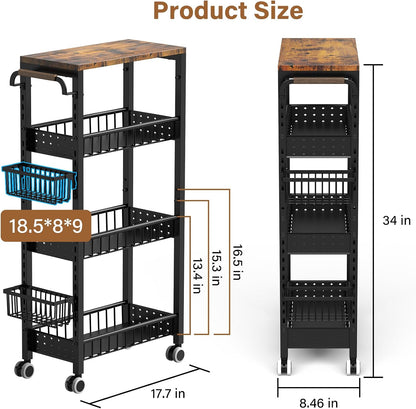 7.8 Inch Ultra-Slim 4-Tier Rolling Storage Cart with Adjustable Shelves - Lockable Wheels & Wooden Top for Narrow Spaces Between Washer/Dryer, Bathroom, Kitchen Organization (White)