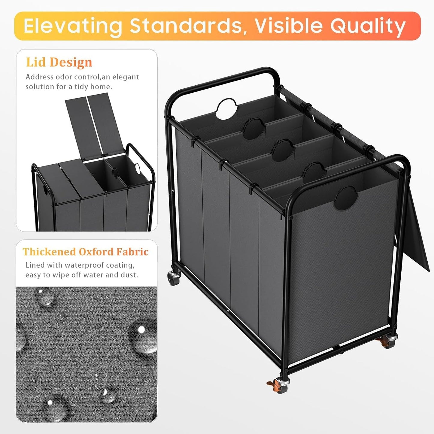 180L (47.55 Gal) Laundry Sorter 3 Section, Rolling Laundry Basket with Lockable Wheels and Lid, Laundry Hamper with 3 Separated Removable Bags Dirty Clothes Hamper for Laundry Room Organizer, Black
