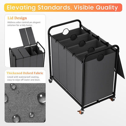 180L (47.55 Gal) Laundry Sorter 3 Section, Rolling Laundry Basket with Lockable Wheels and Lid, Laundry Hamper with 3 Separated Removable Bags Dirty Clothes Hamper for Laundry Room Organizer, Black