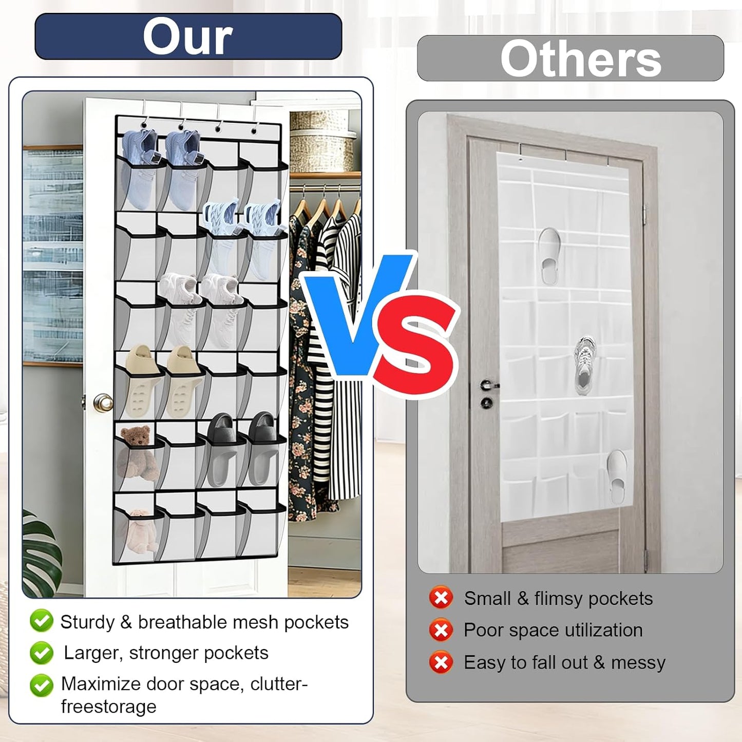 Over the Door Shoe Organizer - 24 Large Breathable Mesh Pockets, Space Saving Hanging Shoe Organizer with Metal Hooks, Hanging Shoe Rack for Men's and Women's Shoes (White)