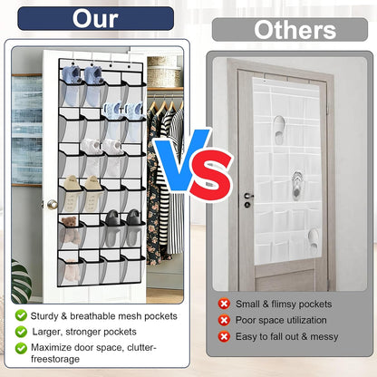 Over the Door Shoe Organizer - 24 Large Breathable Mesh Pockets, Space Saving Hanging Shoe Organizer with Metal Hooks, Hanging Shoe Rack for Men's and Women's Shoes (White)