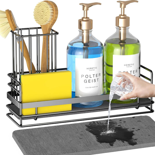 Yofidra Sponge Holder for Kitchen Sink, Sink Caddy Organizer with Stone Drying Mat, Kitchen Countertop Organizers and Storage Essentials, 304 Stainless Steel (Black, 9.3″)