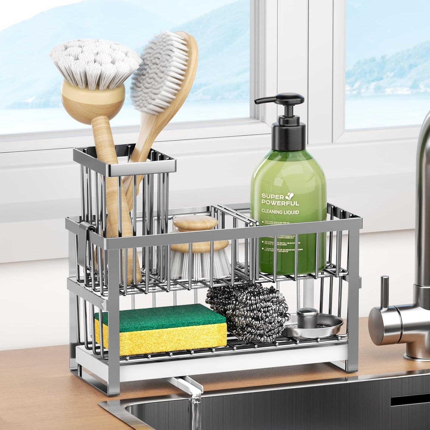 Liuoud Sponge Holder for Kitchen Sink, 2 Tier Sink Caddy Organizer Countertop with Dish Brush Holder and 360° Drain Tray, Rustproof Stainless Steel Dish Soap Storage Rack Set for Accessories Grey