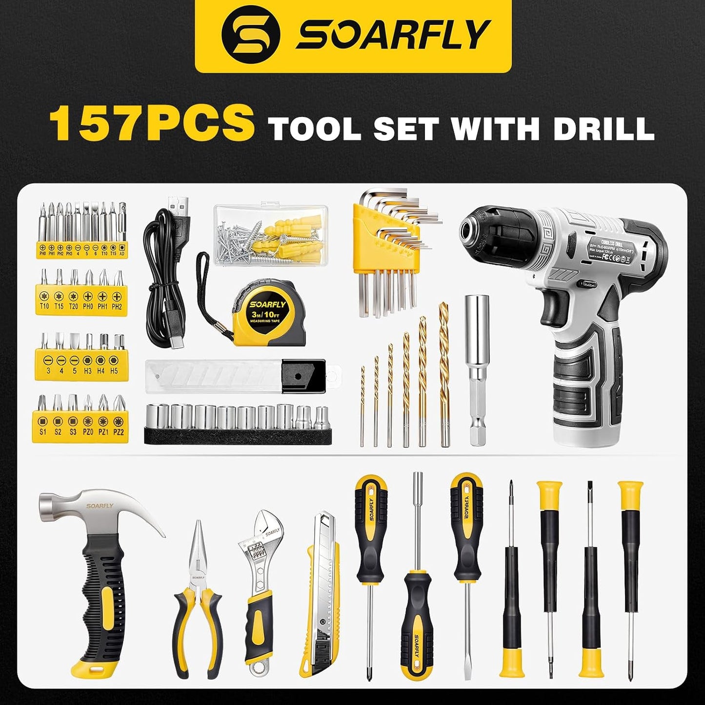 Upgraded 180 Piece Tool Set, Tool Kit with 8V Cordless Drill Set, General Household Hand Drill Kit for Men and Women, Plastic Storage Toolbox for DIYers, Home Maintenance and Everyday Repairs(Orange)