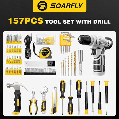 Upgraded 180 Piece Tool Set, Tool Kit with 8V Cordless Drill Set, General Household Hand Drill Kit for Men and Women, Plastic Storage Toolbox for DIYers, Home Maintenance and Everyday Repairs(Orange)