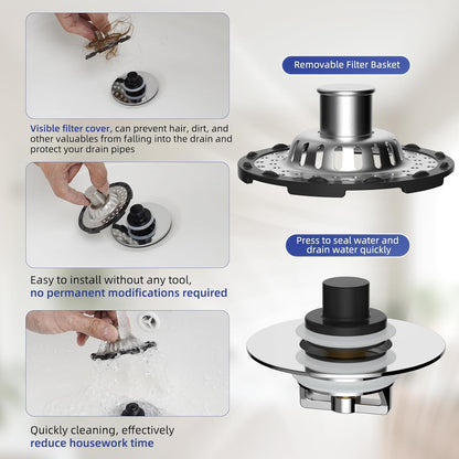 Universal Bathtub Drain Stopper Shower Drain Hair Catcher, Tub Stopper with Visible Top Strainer, Upgraded 3 in 1 Pop-up Drain Plug Fit for 1.5 to 2.4" Hole, Stainless Steel Filter Basket, Chrome