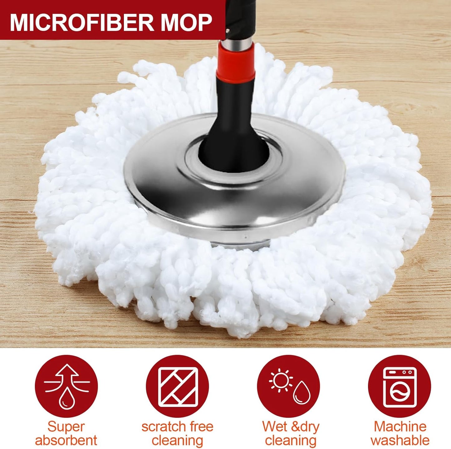 Spin Mop and Bucket with Wringer Set on Wheels, 360 Spinning Mop with Stainless Steel Handle for All Hard Surfaces, Floor Cleaning System with 3 Microfiber Replacement Heads, Black/Red