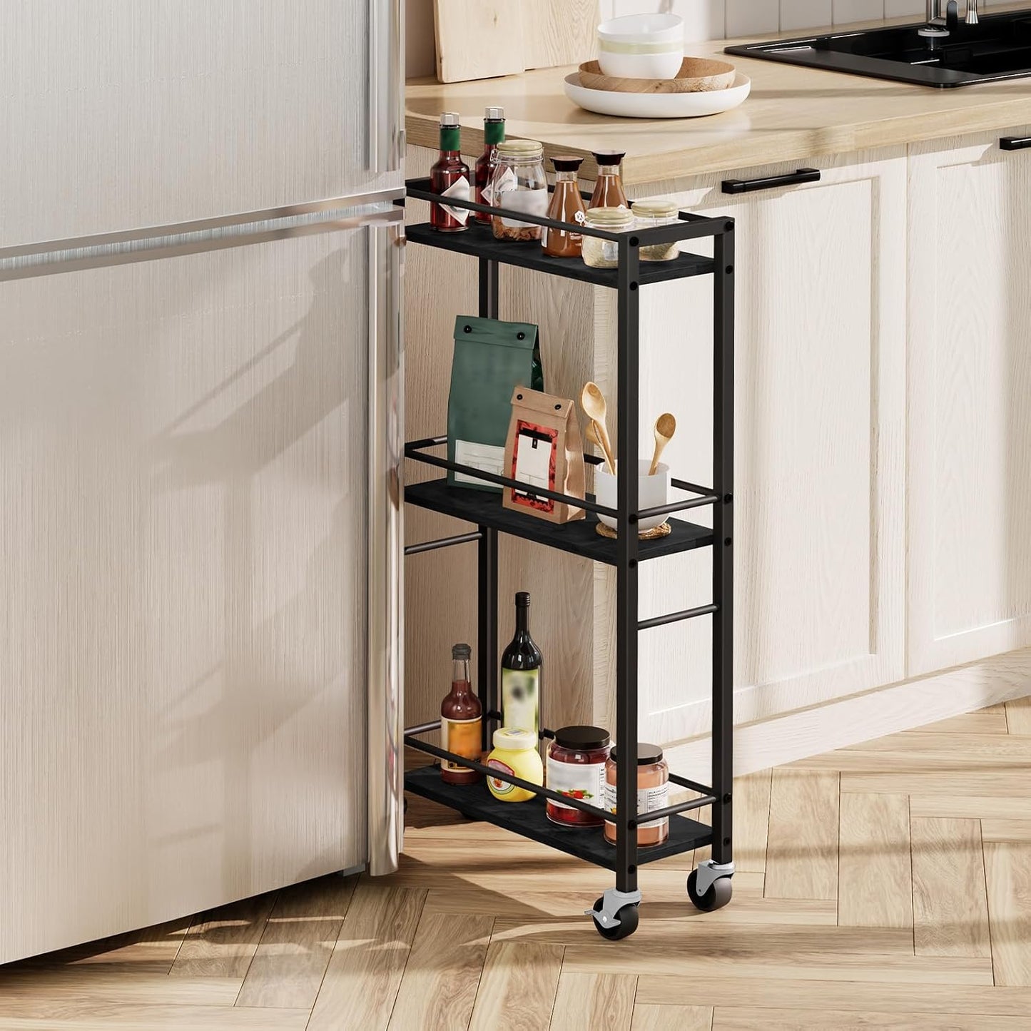 MAHANCRIS Slim Rolling Cart, Mobile Kitchen Cart on Wheels, Narrow Storage Cart for Small Space, Small Bar Cart, for Bathroom, Laundry, Living Room, Black RCHB1501