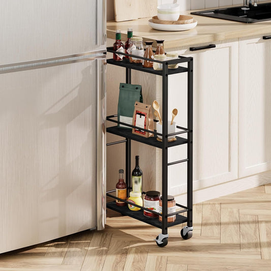 MAHANCRIS Slim Rolling Cart, Mobile Kitchen Cart on Wheels, Narrow Storage Cart for Small Space, Small Bar Cart, for Bathroom, Laundry, Living Room, Black RCHB1501