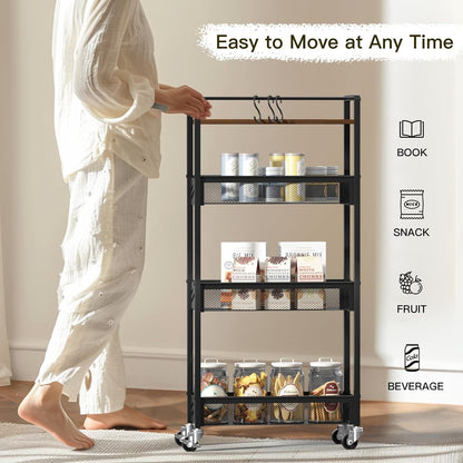 DGSNADGO Slim Rolling Storage Cart, 4-Tier Kitchen Cart on Wheels, Narrow Utility Cart with Handle and Wooden Tabletop for Small Space in Kitchen, Living Room, Bathroom, Laundry Room, Beige and White