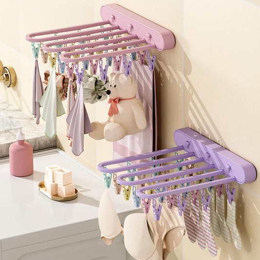 Clothes Drying Rack Wall Mounted, Clothes Drying Rack Folding Indoor with Clip, Balcony Drying Rack Dryer, Space Saver for Socks, Underwear, Rags, Towels