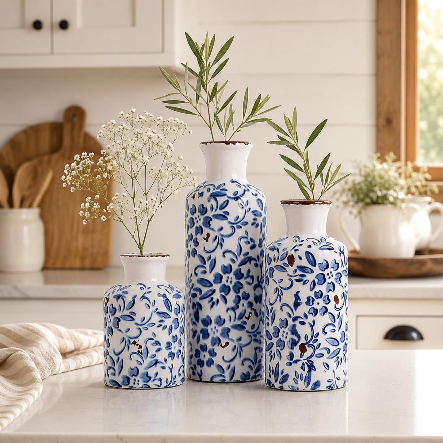 Ceramic Vase Set of 3 – Small Flower Vases, Modern Farmhouse Boho Flower Vases for Home Decor, Rustic Pottery Vases for Centerpieces, Living Room, Shelf, Fireplace, Entryway Decor, Table or Cabinet