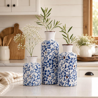Ceramic Vase Set of 3 – Small Flower Vases, Modern Farmhouse Boho Flower Vases for Home Decor, Rustic Pottery Vases for Centerpieces, Living Room, Shelf, Fireplace, Entryway Decor, Table or Cabinet