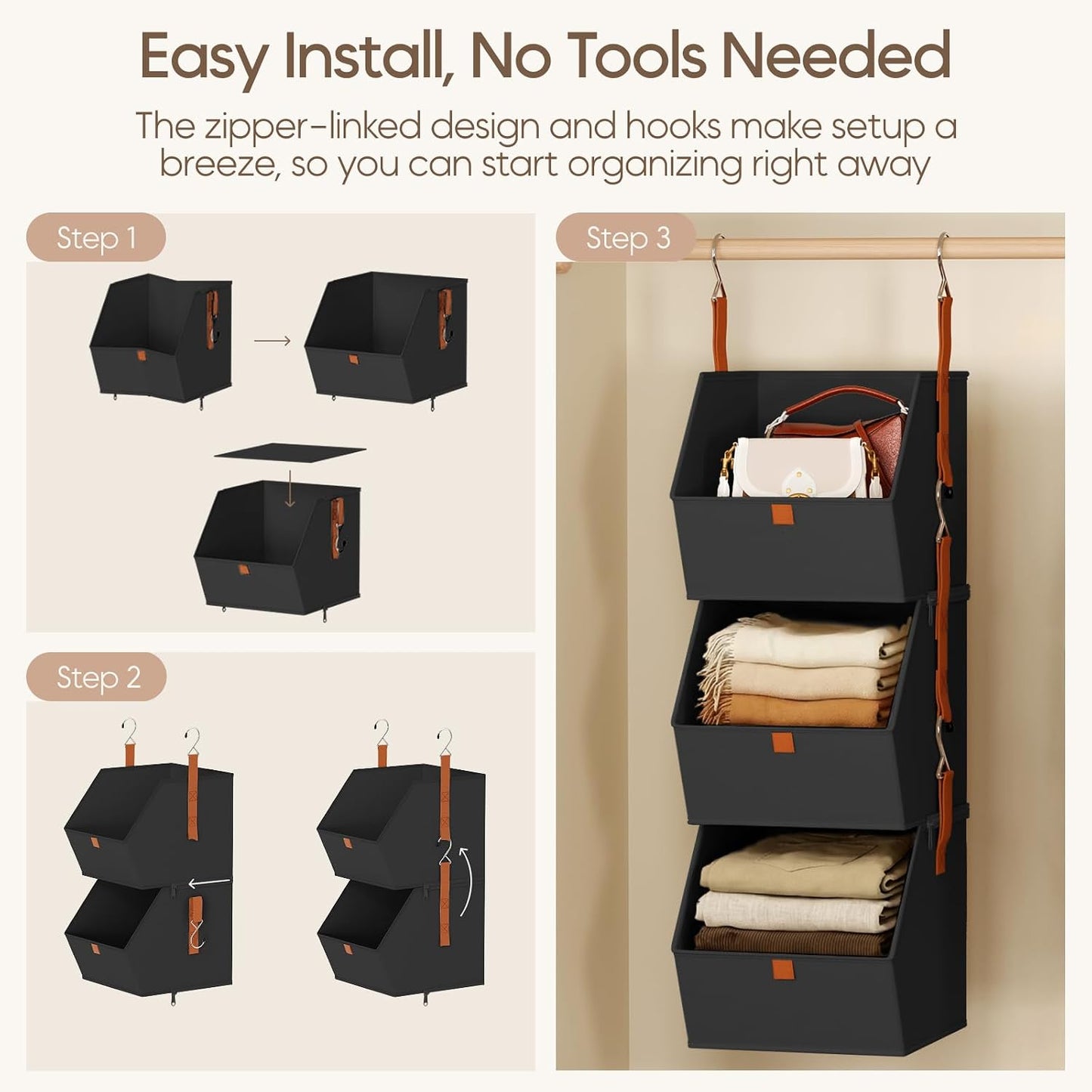 Homsorout Hanging Closet Organizer 4 Tier - Clothes Hanging Shelves, Space-Saving Closet System, Fabric Storage Bins Bedroom Organization, Collapsible Baskets for Home, Dorm, Rv, Beige