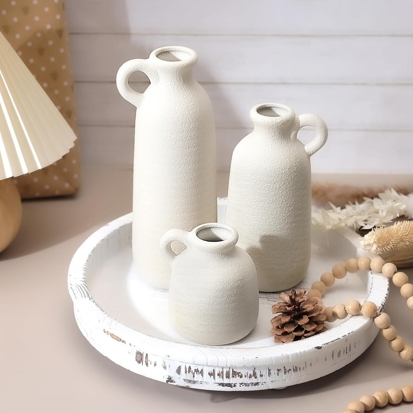 CUCUMI Ceramic Vase Set of 5, Home Decor Farmhouse Décor Handmade Pottery Vases for Pampas Grass, Dried Fresh Flowers, Table, Living Room, Kitchen, Shelf, Entryway Mantel Neutral Tones