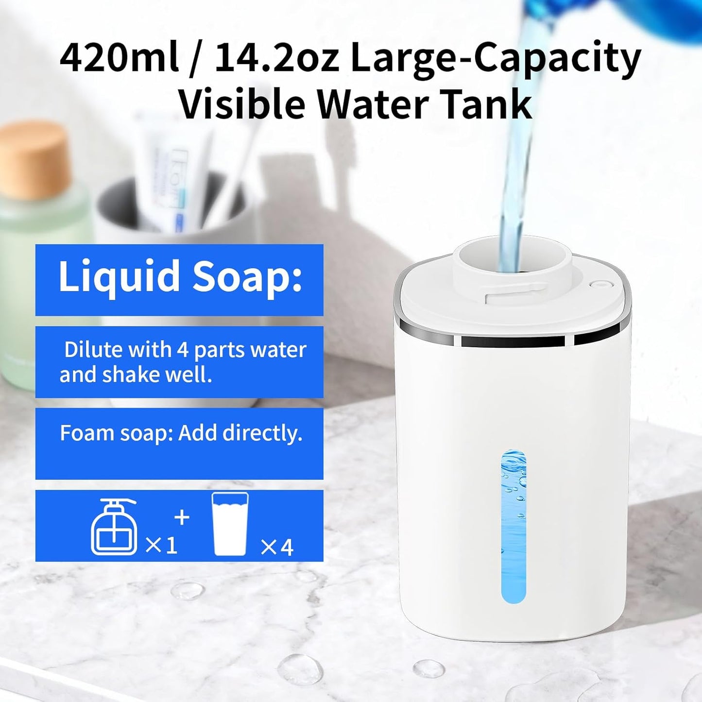 Automatic Foaming Soap Dispenser, Touchless Rechargeable Hand Soap Dispenser, 4 Adjustable Levels, 1200mAh Battery, Large Display, for Kitchen & Bathroom (Black, Foaming)