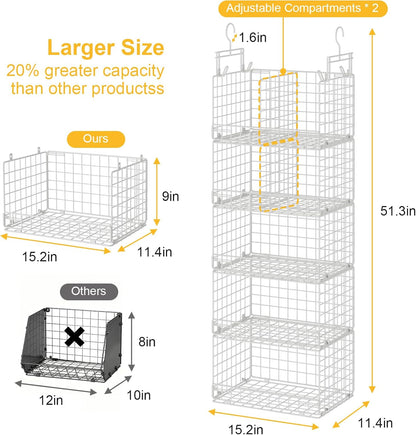 VyGrow 5 Tier Hanging Closet Organizer with Adjustable Dividers, Heavy-Duty Storage Shelves for Clothing, Kitchen, Laundry Room, Extra Large Baskets, 15.7" W x 11.8" D x 51" H, White