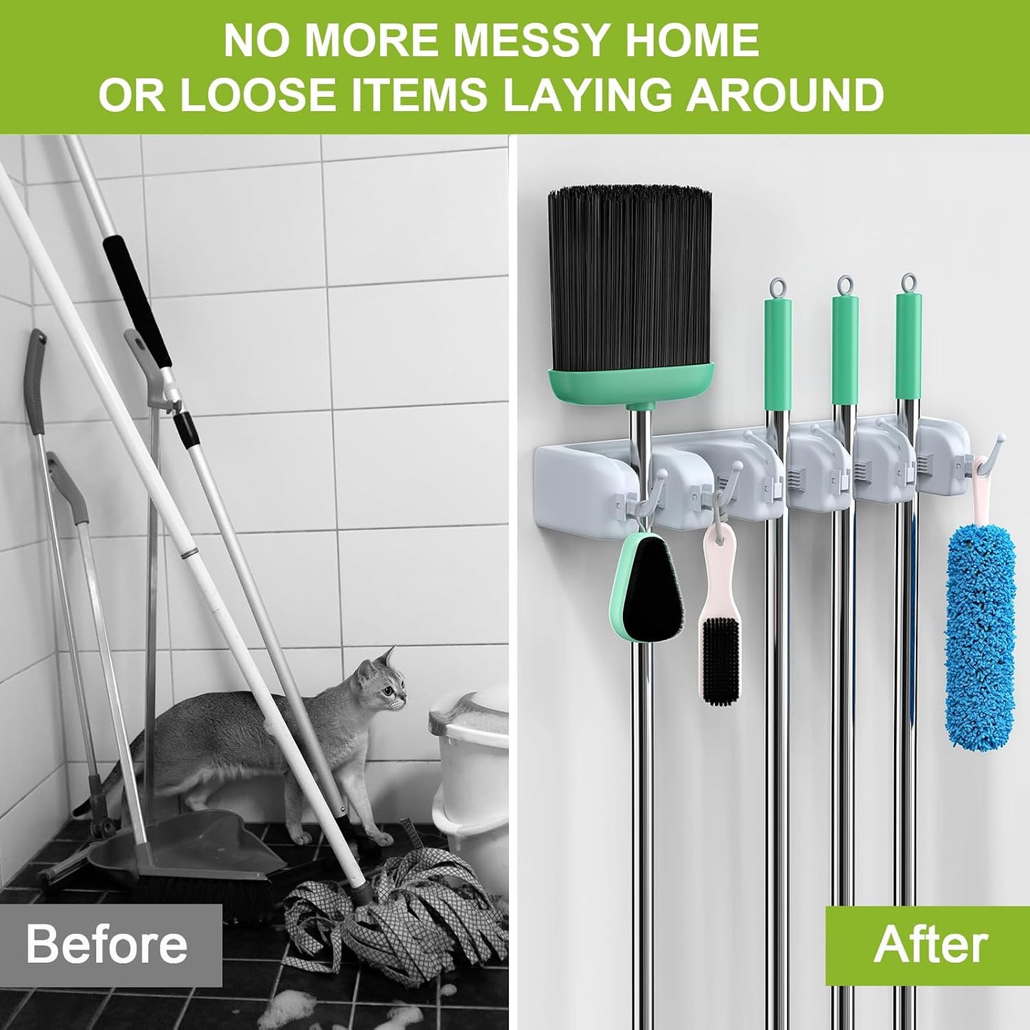 LETMY Broom Holder Wall Mounted - Mop and Broom Hanger Holder - Garage Storage Rack & Garden Tool Organizer - 5 Position 6 Hooks for Home, kitchen, Garden, Tools, Garage