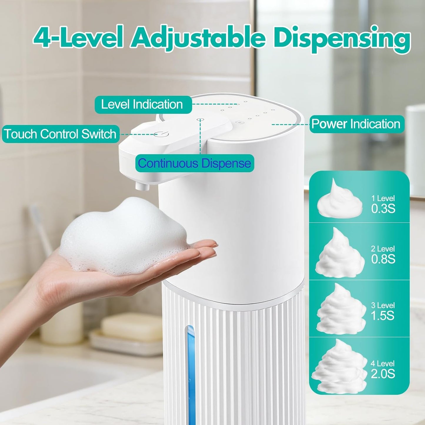 Automatic Soap Dispenser, Foaming Soap Dispenser Touchless with Continuous Dispensing, 4-Level Adjustable, Rechargeable Hand Soap Dispensers, Wall Mounted or Countertop for Bathroom & Kitchen