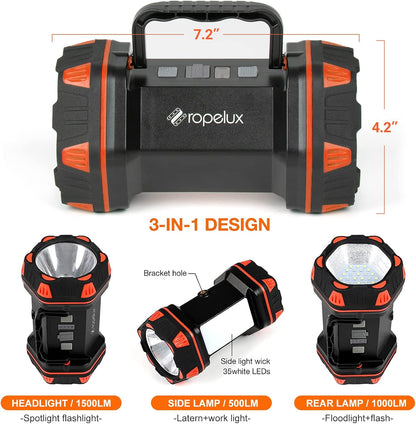 Led Camping Lantern Rechargeable, Camping Flashlight 1500LM, 8 Light Modes, Camping Lights 4800 Capacity, Portable Bright Flash Light for Emergencies, Power Outages, Hurricane, Hiking (Blue 1PACK).