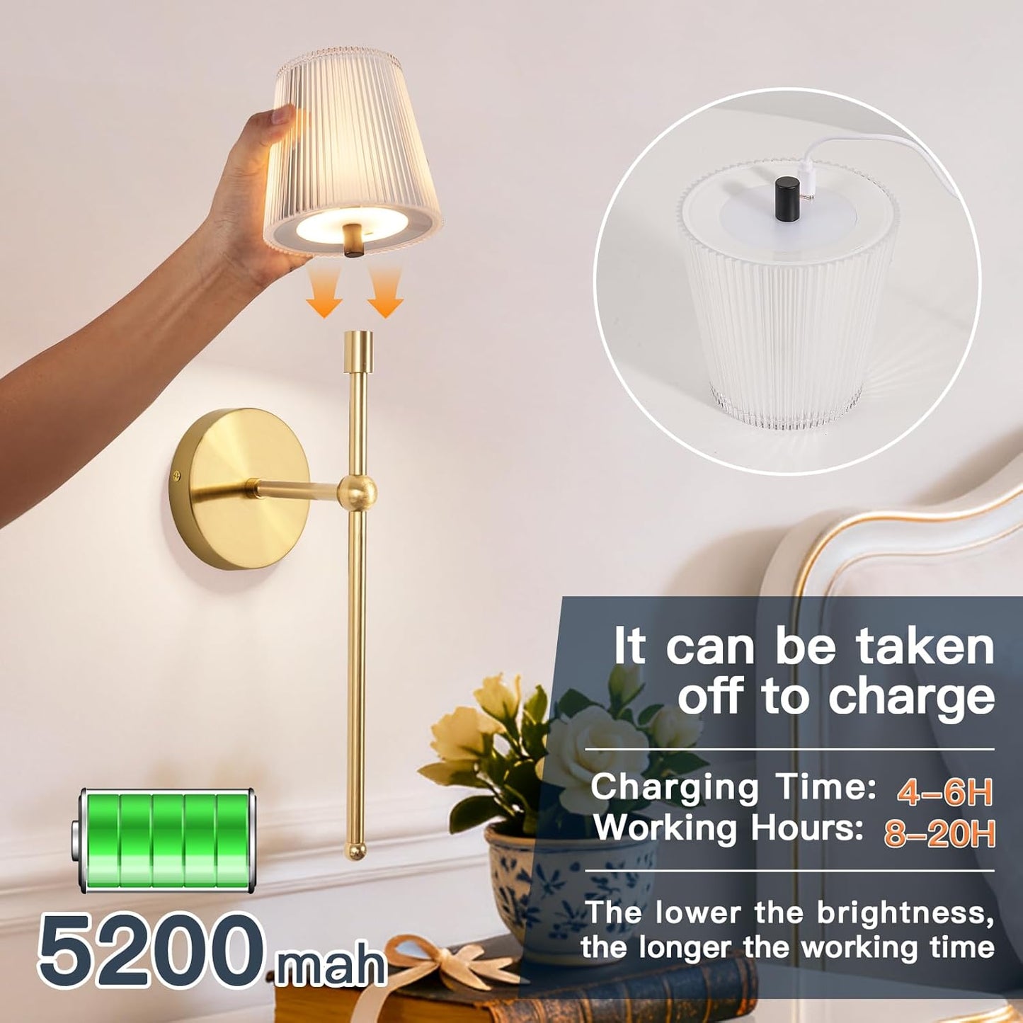 TaoFiaCo Battery Operated Wall Sconces Set of 2, Wireless Wall Sconce with Remote Dimmable Timer, Rechargeable 5200mAh, Cordless Wall Light for Bedroom Living Room, Hallway, Light Decor