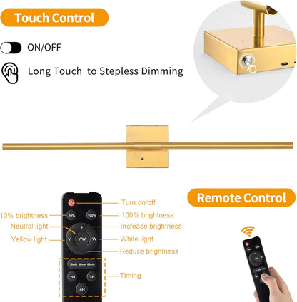 Morauroral Battery Operated Wall Sconces Set of 2, 10000mAh Rechargeable Sconces, 3000K-6000K Dimmable LED Wall Lamp with Remote, 24 Inch Black Gold Wireless Wall Lights for Bedroom, Living Room