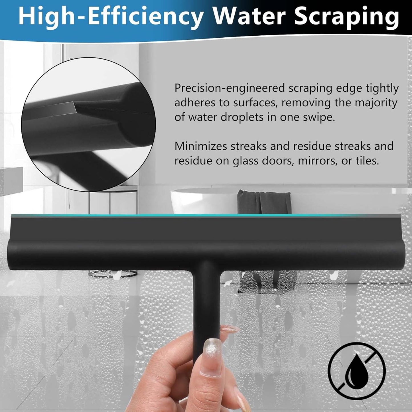 Squeegee for Shower Glass Doors, Resilient Loop - No-Drill & Adhesive Hook, Silicone Shower Squeegee with Stainless Steel Core, Cleaning Tool for Home, Kitchen, Bathroom & Car - Black