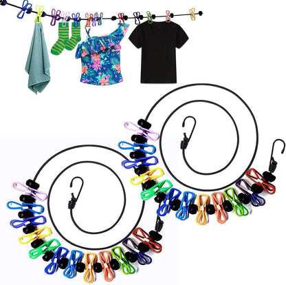 2 Pack Portable Clothesline with 12 Clothespins, Windproof Travel Stretchy Retractable Elastic Laundry Clothes Line for Backyard, Vacation Hotel, Balcony Drying