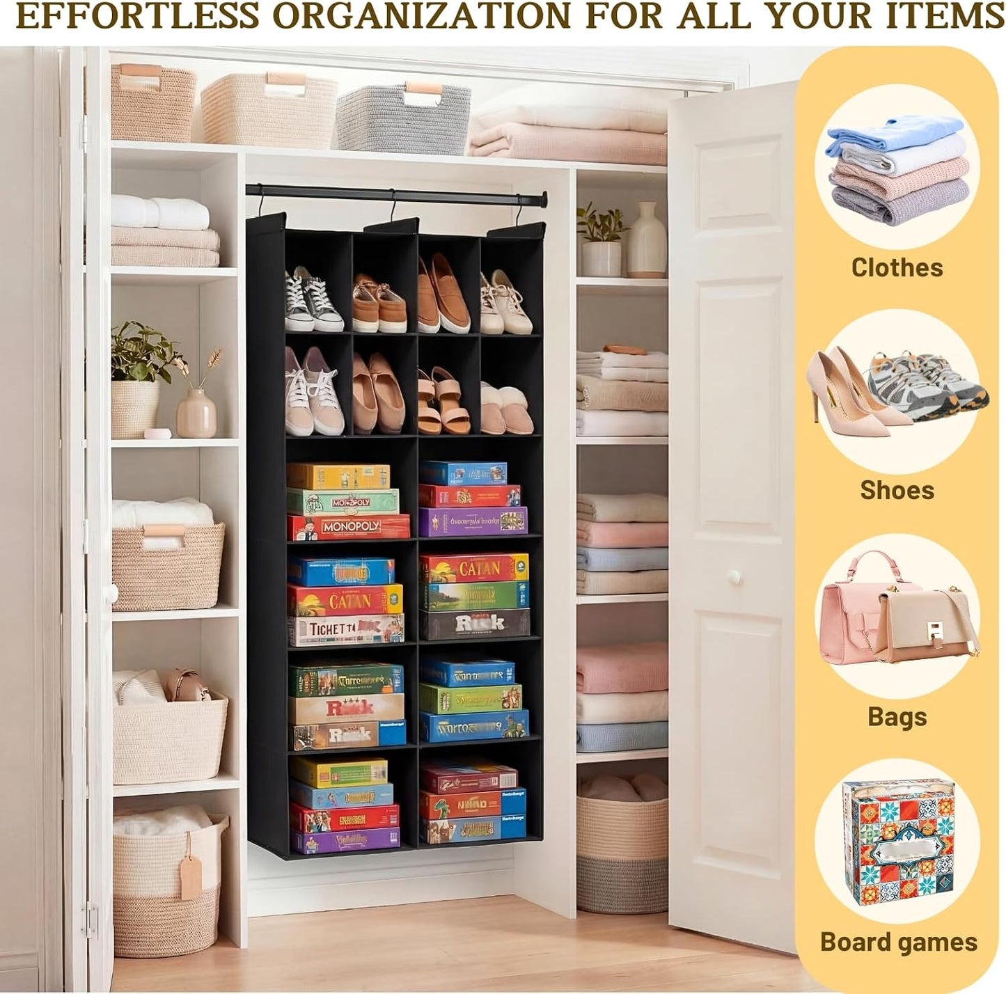 Ofiray-home 6 Tier Hanging Closet Organizer, 16 Compartments Sweater Organizer for Closet with 3 Sturdy Hooks, Closet Organizers and Storage, Wardrobe, Rv, Garment Rack, Grey