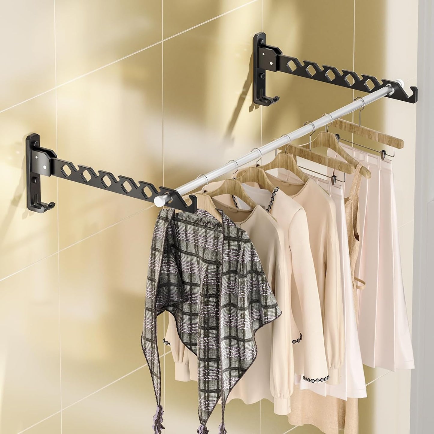 Dr.DJ Wall Mount Coat Hanger Holder Black Clothes Drying Organizer Rack Garment Hooks Aluminium Retractable Folding Indoor Wall Mounted Hanger Space Saver for Laundry Room Bedroom Black 2Pack
