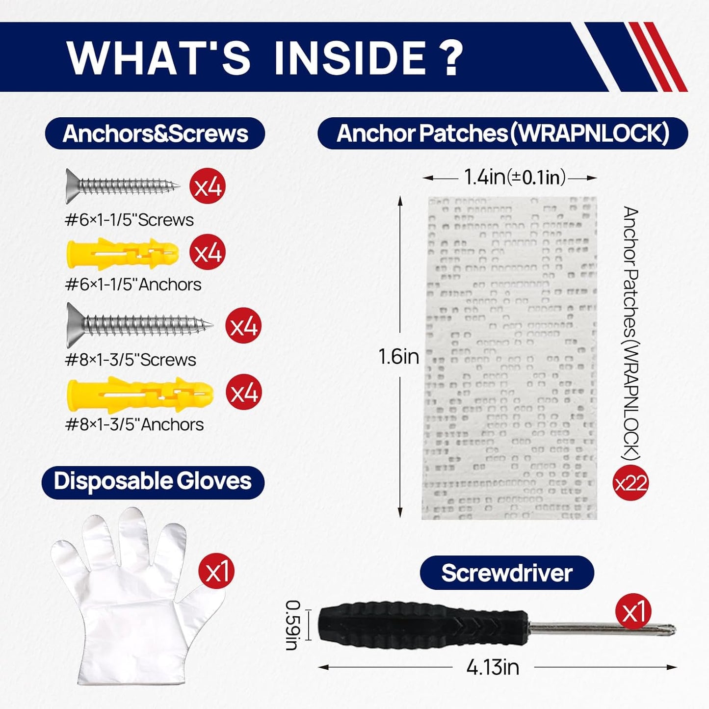 WRAPNLOCK Drywall Anchor Repair Kit - Fast Loose Anchor Fix (No Fill/Redrill) - 22 Patches + Screws/Anchors/Screwdriver/Gloves, Works for Home Fittings