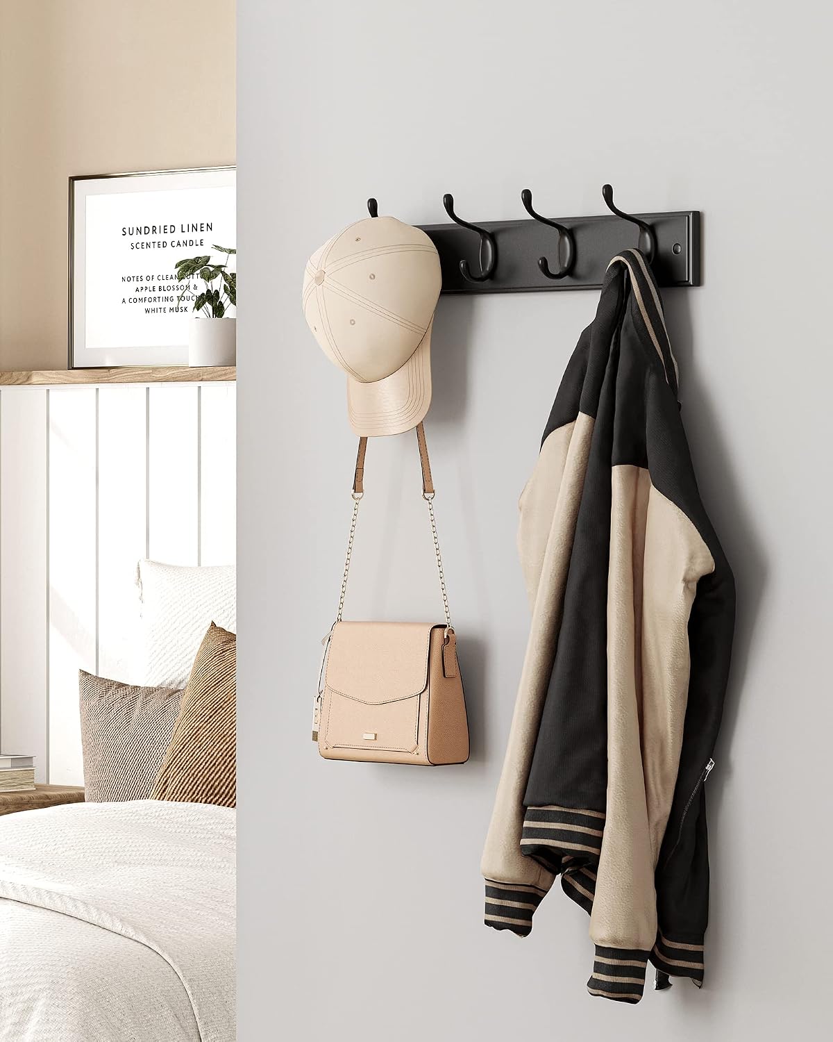 SONGMICS Wall-Mounted Coat Rack, Hook Rack, 4 Dual Metal Hooks, White | For Coats, Bags, Keys, in the Entryway, Bedroom, Living Room ULHR23WT