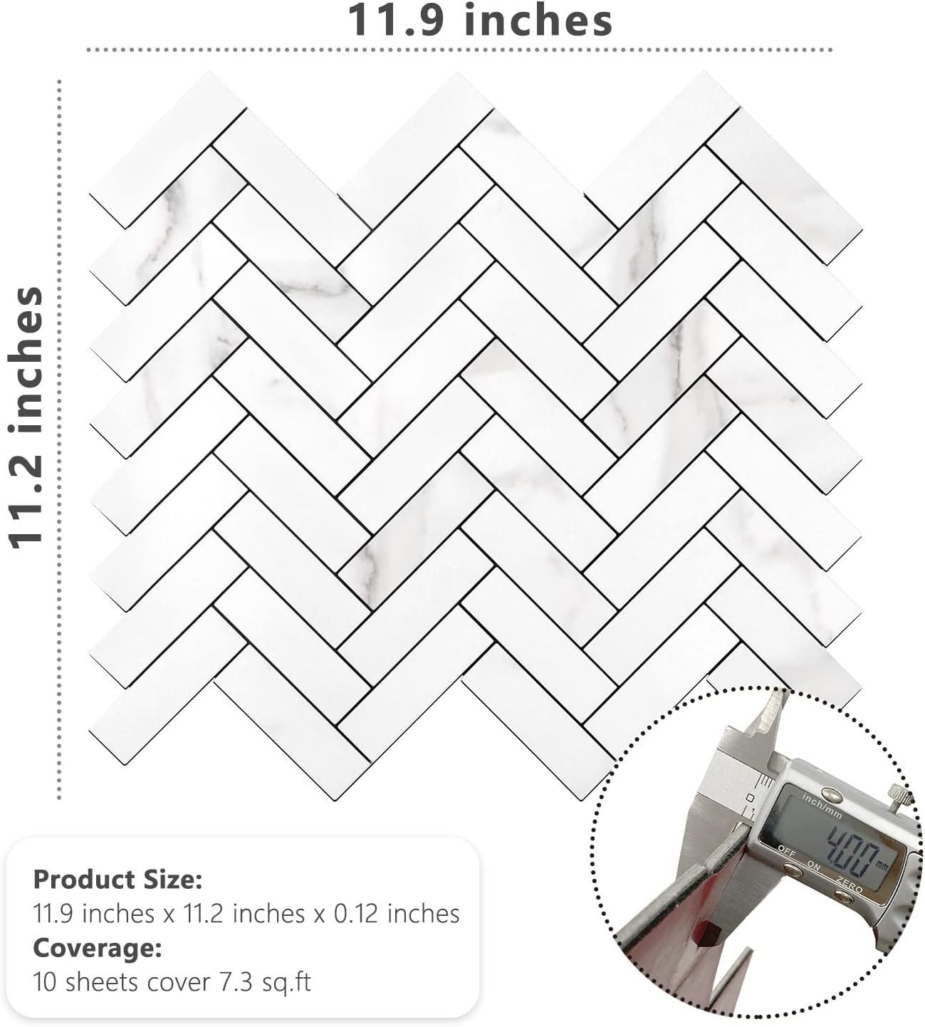 STICKGOO 10 Sheets Herringbone Peel and Stick Backsplash, Stick on Aluminum Composite PVC Kitchen Backsplash, Marble White Mixed Light Grey Look Self Adhesive Wall Tiles