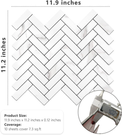 STICKGOO 10 Sheets Herringbone Peel and Stick Backsplash, Stick on Aluminum Composite PVC Kitchen Backsplash, Marble White Mixed Light Grey Look Self Adhesive Wall Tiles
