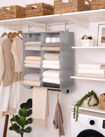 StorageWorks Hanging Closet Organizer with Metal Rod, 4-Section Closet Organizers and Storage, Collapsible Hanging Shelves for Baby Clothes, Shoes, Sweater Storage, Ivory and White