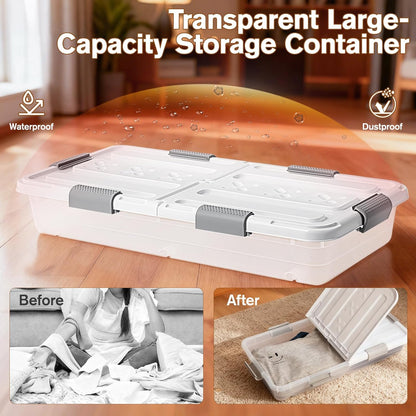 4 PCS*49 Qt Wheeled Latching Under Bed Storage, Double Opening Lids Stackable Bin with Latch Lid, Plastic Container to Organize Shoes Underbed, Clear with White Lid(White)