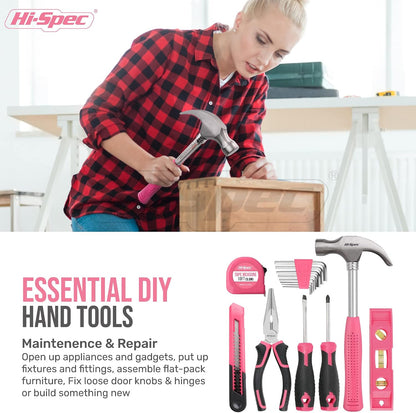 Hi-Spec Tool Kit with 3.6V USB Small Electric Screwdriver Set, Pink Drill Set for Women, Tool Kit for Home