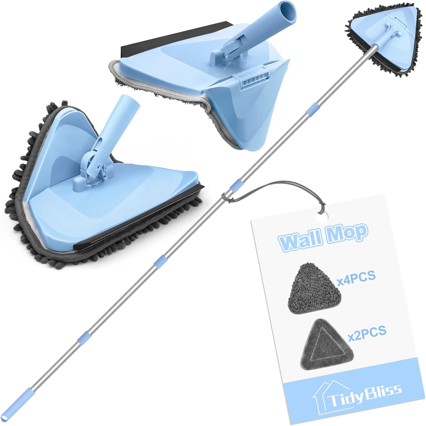 TidyBliss Wall Cleaner Mop with 80” Long Handle, 360° Swivel Ceiling Duster Scrubber with Collapsible Head, Baseboard Cleaning Tool with 4 Chenille and 2 Microfiber Pads for Windows Floor (Blue)