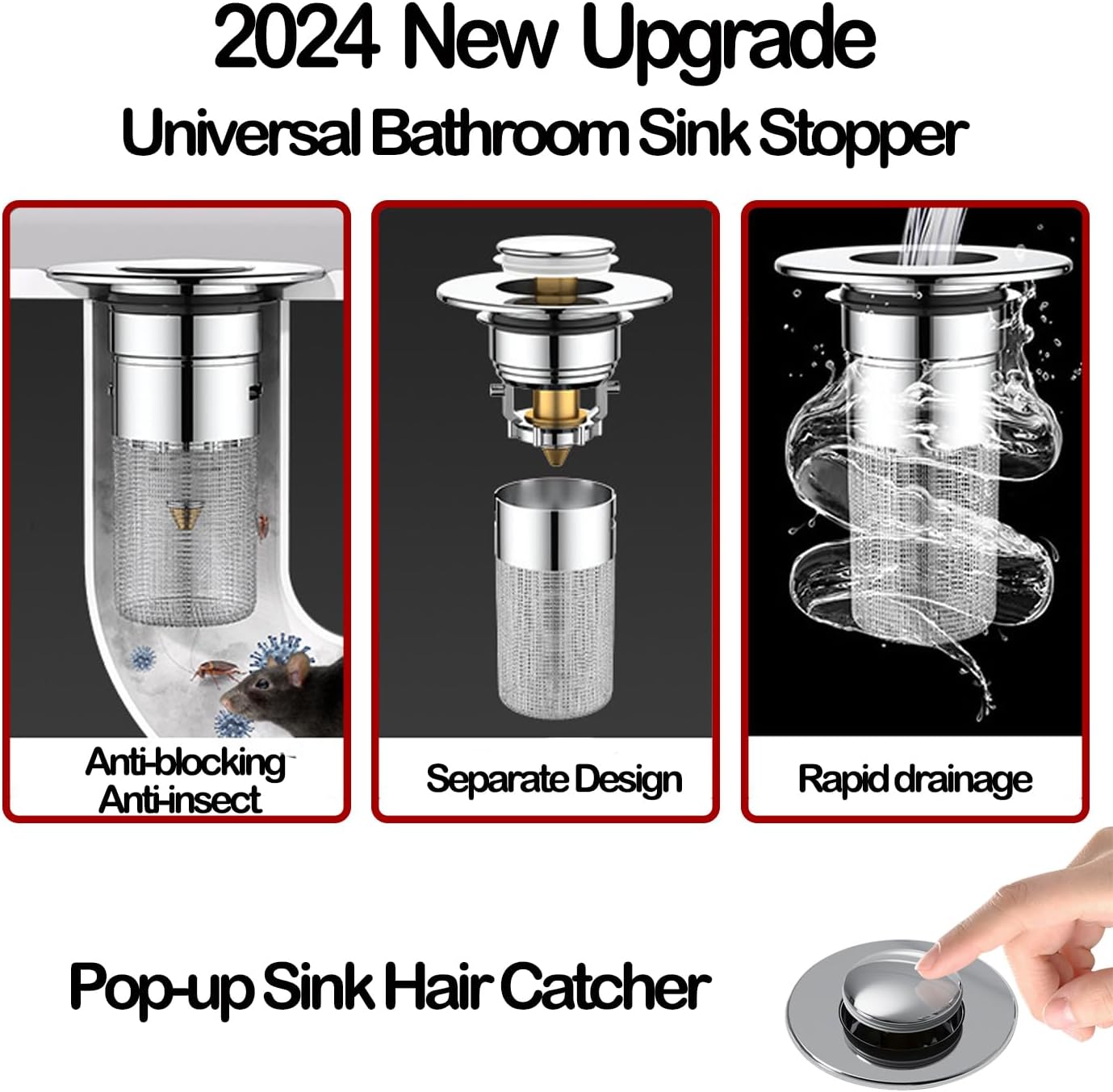 Pop Up Bathroom Sink Drain Strainer Hair Catcher, Sink Drain Stopper with Removable Stainless Steel Filter Basket, for US Universal Bathroom Kitchen Basin Sink Stopper Replacement, Silver