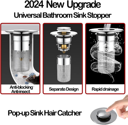Pop Up Bathroom Sink Drain Strainer Hair Catcher, Sink Drain Stopper with Removable Stainless Steel Filter Basket, for US Universal Bathroom Kitchen Basin Sink Stopper Replacement, Silver