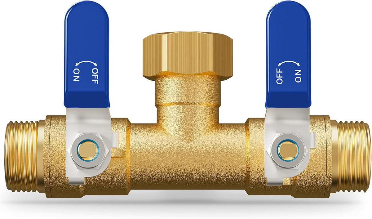 Hose Splitter 2 Way, Heavy Duty Brass Garden Hose Splitter, Water Hose Bib Spigot Splitter with 0.59" Full Flow Ball Valve Outlet & Shut-Off Valve 3/4'' Connector Outdoor Water Faucet Adapter