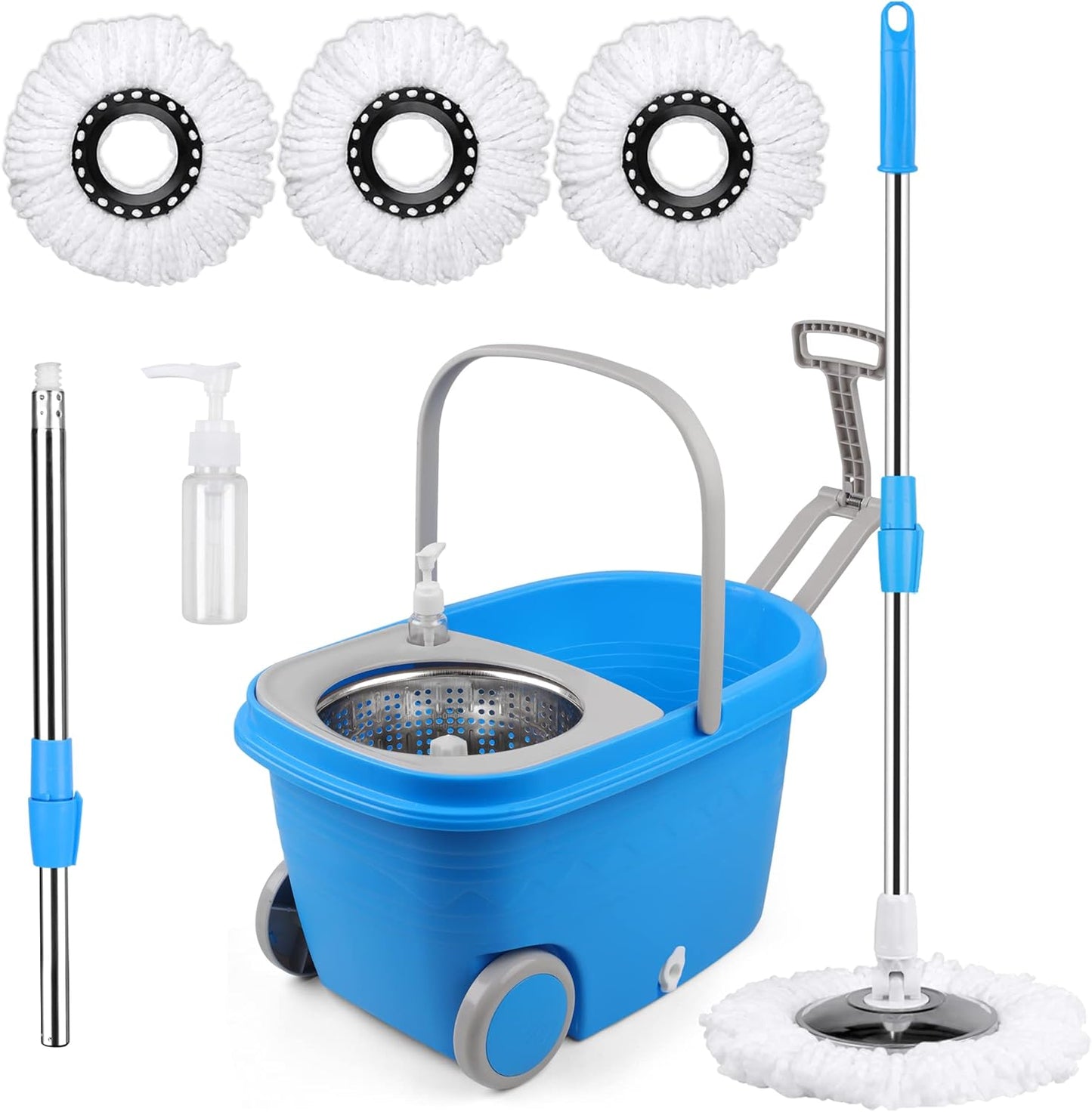 Mop Bucket with Wringer Set, Extended Stainless Steel Handle, 3 Microfiber Replacement Mop Head Refills, 2 Wheels for Household Cleaning, Hardwood Floor Tiles, Blue/Gray
