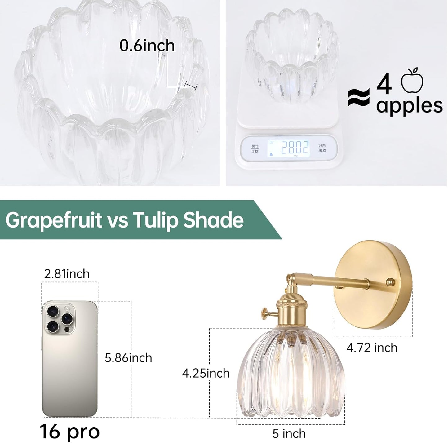 Shenmoyl Vintage Battery Operated Wall Sconce with Transparent Tulip Glass Lampshade Rechargeable Battery Powered Wall Light with Remote Control for Bedside Bedroom Doorway, Set of 2