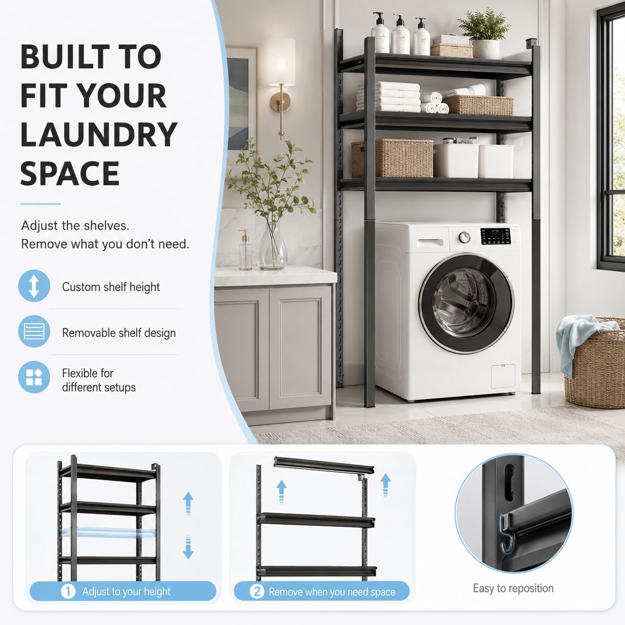 Heavy Duty Over Washer and Dryer Storage Shelf, 4 Tier Adjustable Metal Laundry Room Organizer, Freestanding Utility Shelving Rack, Rust Resistant Steel Storage Shelf, Black, 19.7"Wx 13.8"Dx 44.1"H