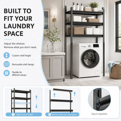Heavy Duty Over Washer and Dryer Storage Shelf, 4 Tier Adjustable Metal Laundry Room Organizer, Freestanding Utility Shelving Rack, Rust Resistant Steel Storage Shelf, Black, 19.7"Wx 13.8"Dx 44.1"H