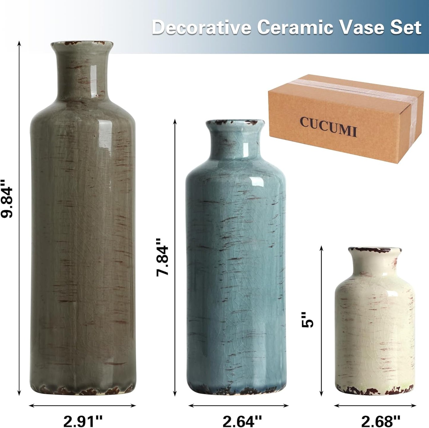 CUCUMI Ceramic Vase Set of 5, Home Decor Farmhouse Décor Handmade Pottery Vases for Pampas Grass, Dried Fresh Flowers, Table, Living Room, Kitchen, Shelf, Entryway Mantel Neutral Tones
