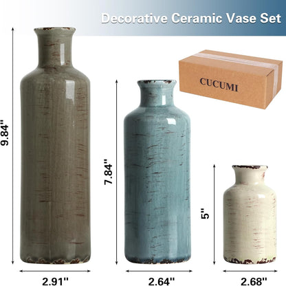 CUCUMI Ceramic Vase Set of 5, Home Decor Farmhouse Décor Handmade Pottery Vases for Pampas Grass, Dried Fresh Flowers, Table, Living Room, Kitchen, Shelf, Entryway Mantel Neutral Tones