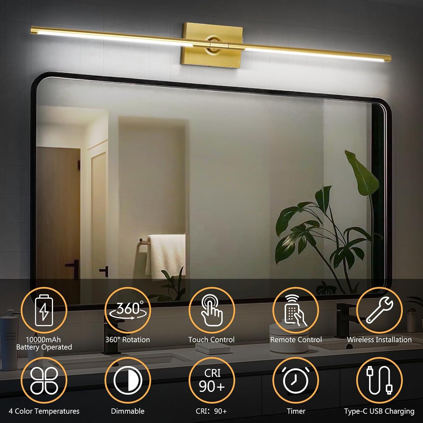 Eneru Battery Operated Wall Sconce Lights - 10000mAh Rechargeable Wireless Wall Sconces Set of Two with Touch and Remote, 360° Rotate, 4 Colors LED Wall Lamp for Living Room Bedroom Hallway (Gold)