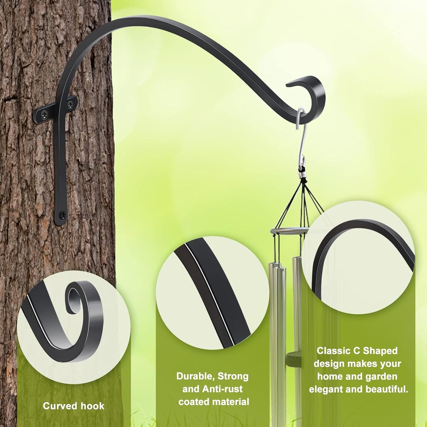 FEED GARDEN Heavy Duty Plant Hangers Outdoor Indoor, 8 Inch 2 Pack Metal Hanging Bracket Holds Up to 44 lbs, Wall Brackets for Hanging Baskets, Bird Feeders,Wind Chime& Lanterns, Black